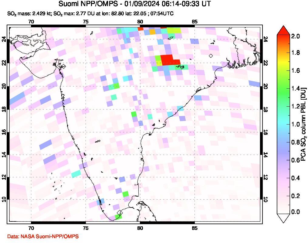 A sulfur dioxide image over India on Jan 09, 2024.