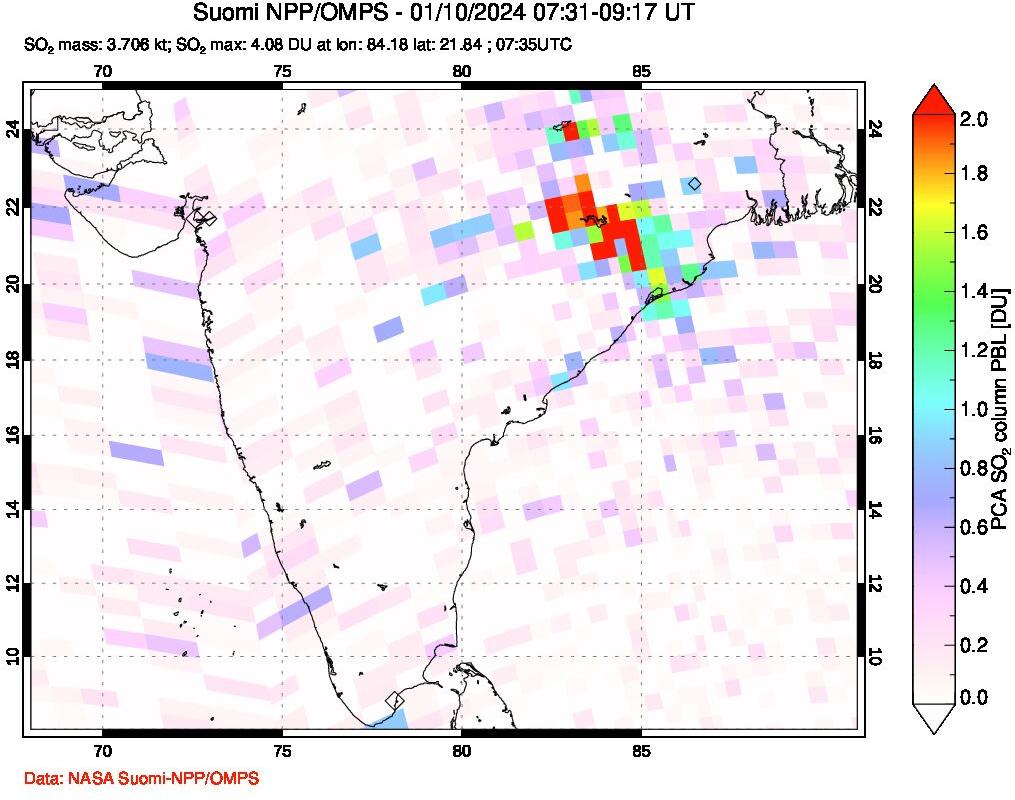 A sulfur dioxide image over India on Jan 10, 2024.