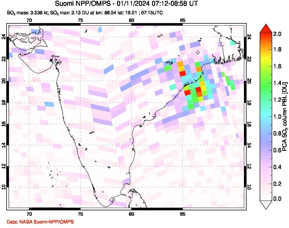 A sulfur dioxide image over India on Jan 11, 2024.