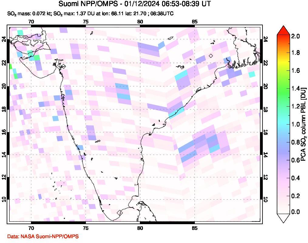 A sulfur dioxide image over India on Jan 12, 2024.