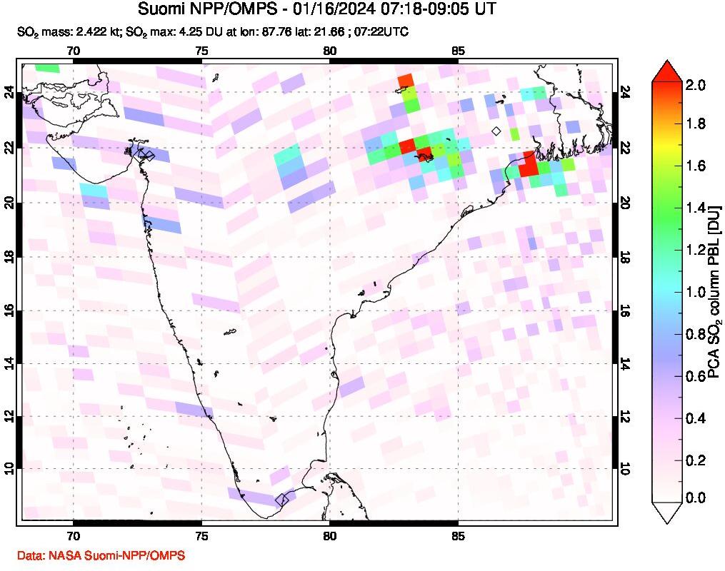 A sulfur dioxide image over India on Jan 16, 2024.