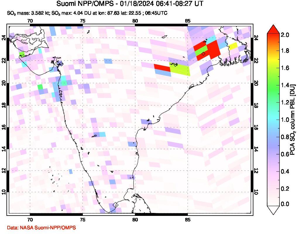 A sulfur dioxide image over India on Jan 18, 2024.