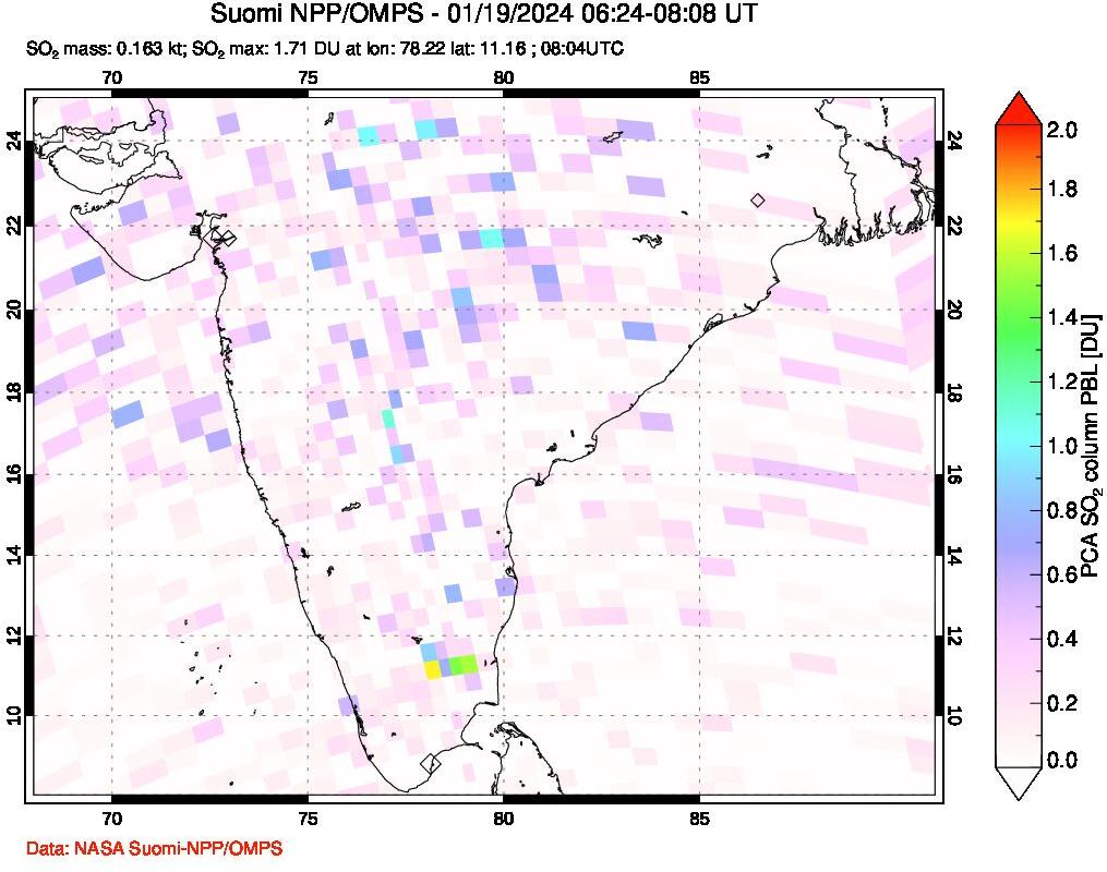 A sulfur dioxide image over India on Jan 19, 2024.