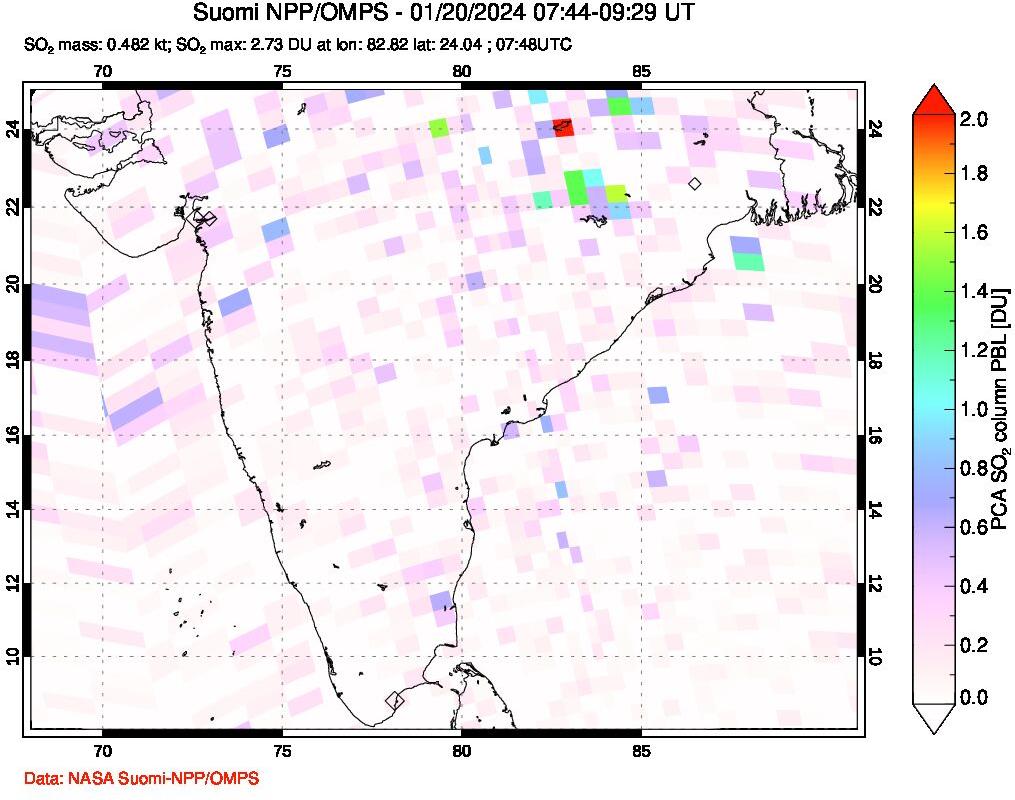 A sulfur dioxide image over India on Jan 20, 2024.