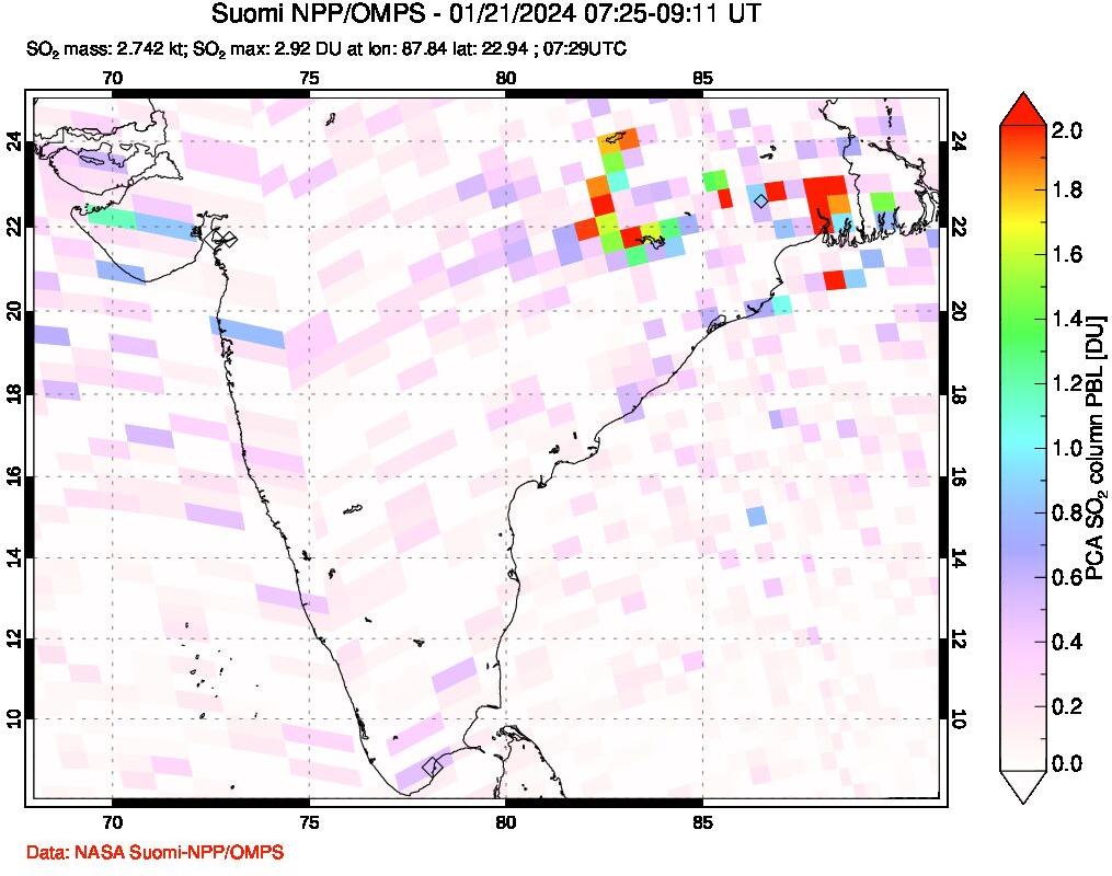 A sulfur dioxide image over India on Jan 21, 2024.