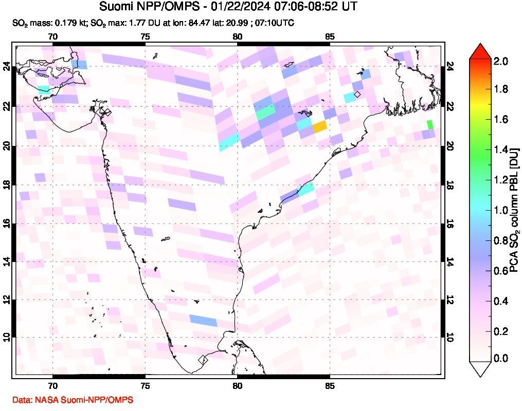 A sulfur dioxide image over India on Jan 22, 2024.