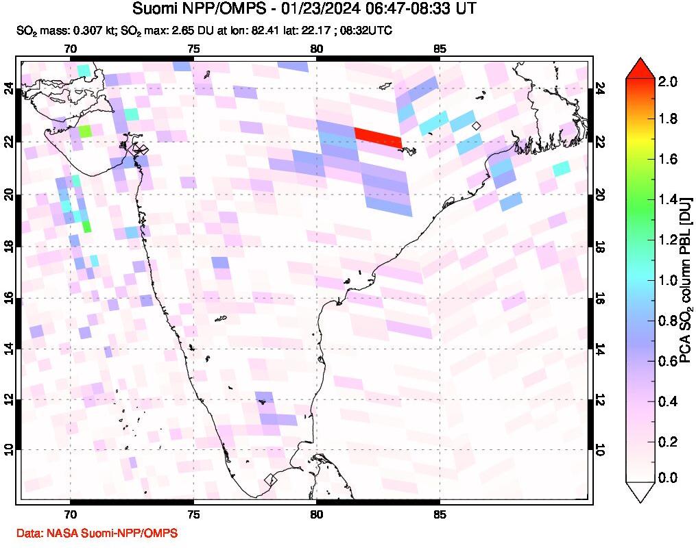 A sulfur dioxide image over India on Jan 23, 2024.