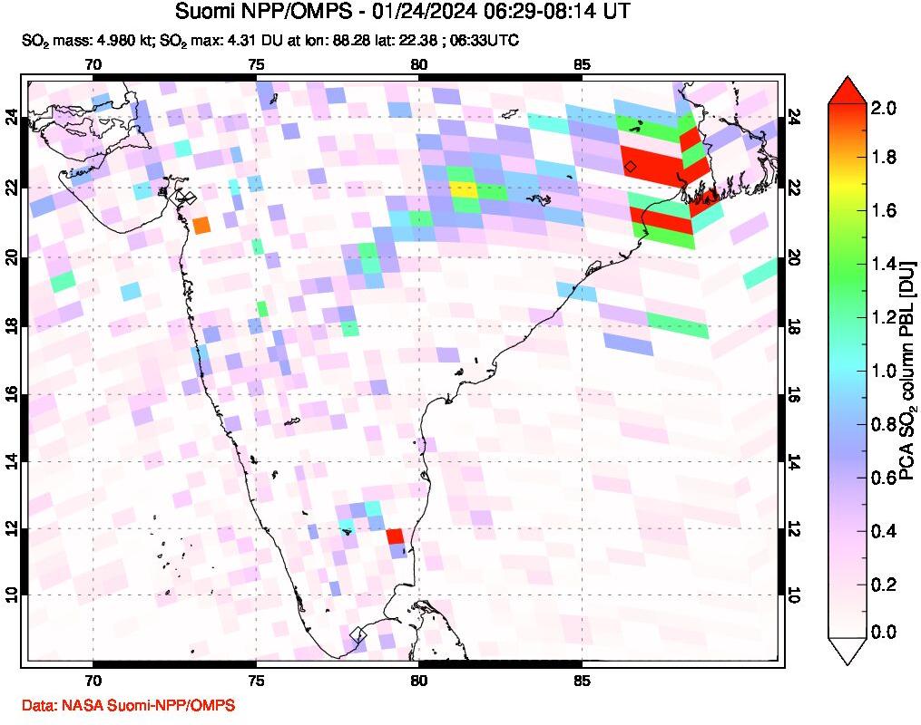 A sulfur dioxide image over India on Jan 24, 2024.