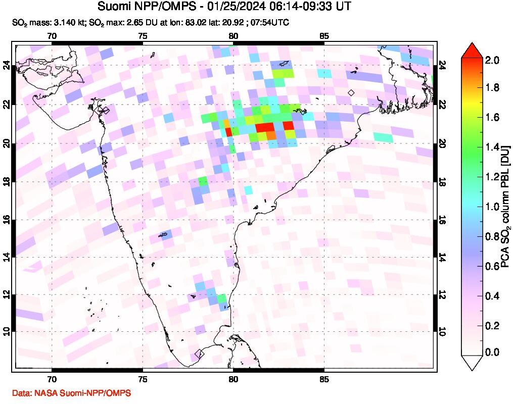 A sulfur dioxide image over India on Jan 25, 2024.