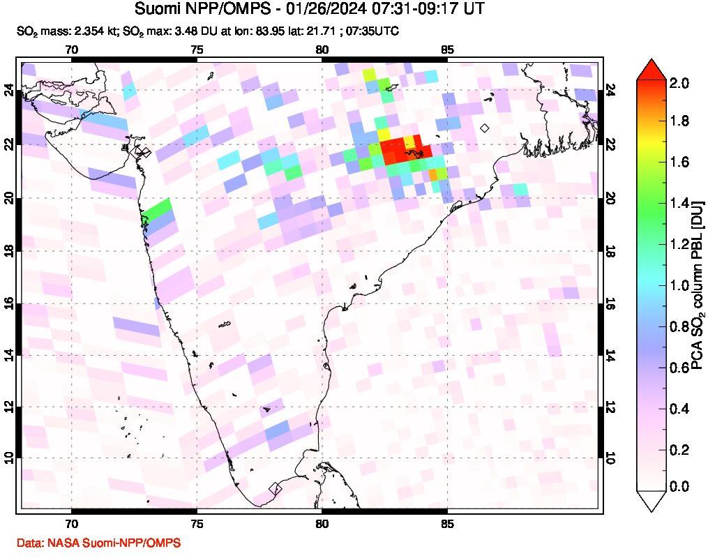 A sulfur dioxide image over India on Jan 26, 2024.