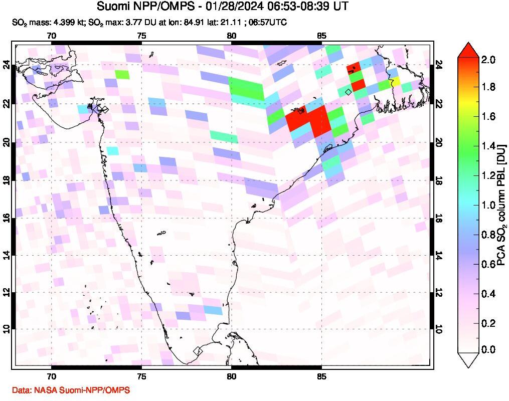 A sulfur dioxide image over India on Jan 28, 2024.