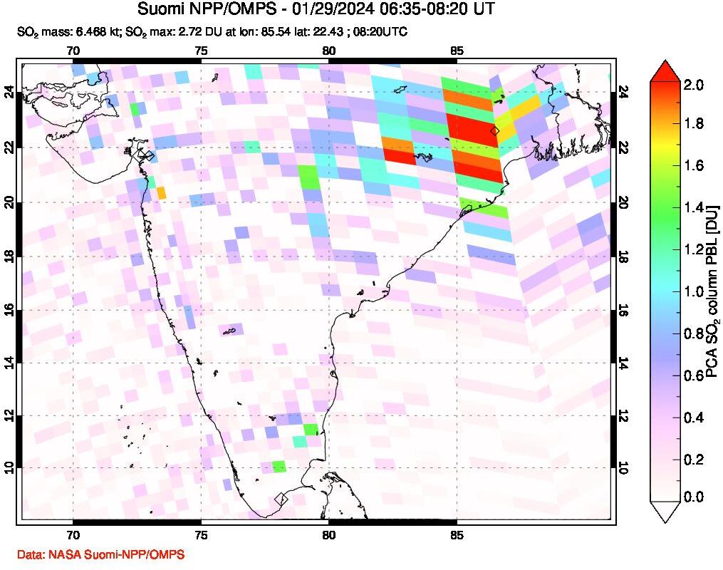 A sulfur dioxide image over India on Jan 29, 2024.