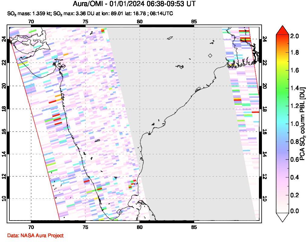 A sulfur dioxide image over India on Jan 01, 2024.