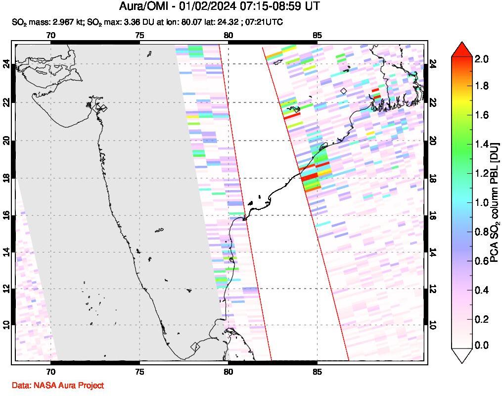 A sulfur dioxide image over India on Jan 02, 2024.