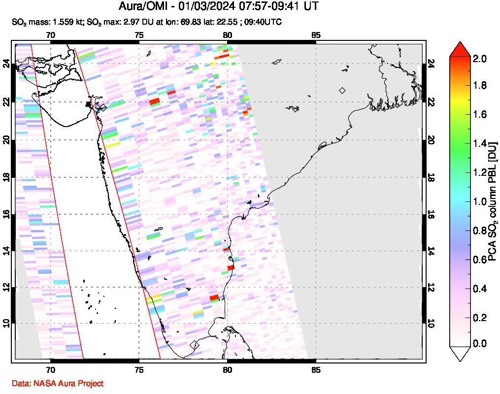 A sulfur dioxide image over India on Jan 03, 2024.