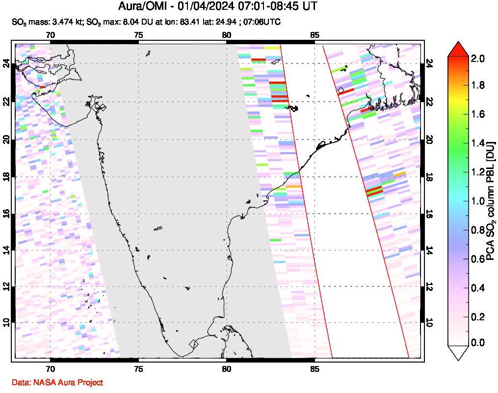 A sulfur dioxide image over India on Jan 04, 2024.