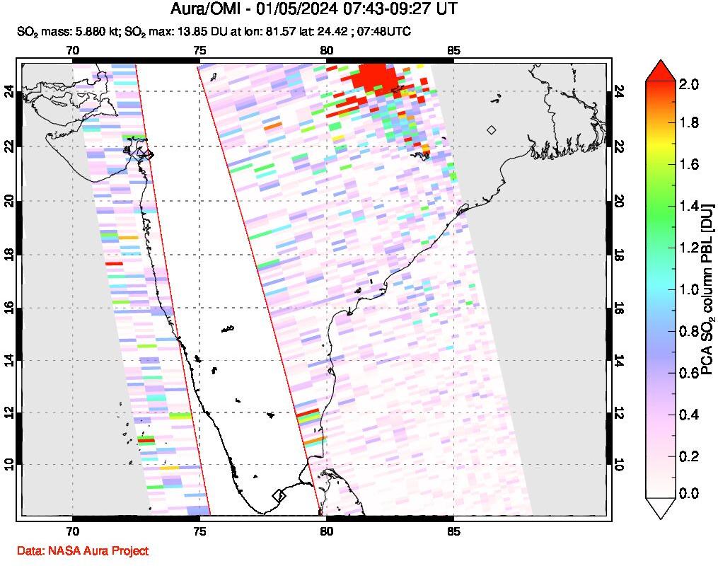 A sulfur dioxide image over India on Jan 05, 2024.