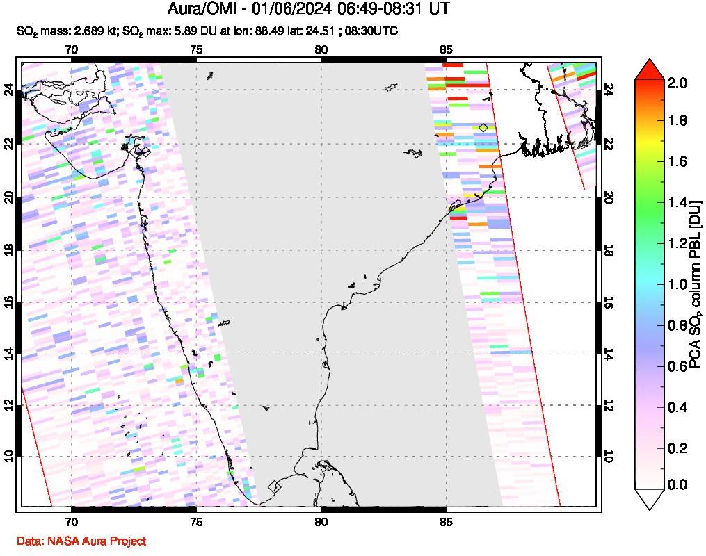 A sulfur dioxide image over India on Jan 06, 2024.