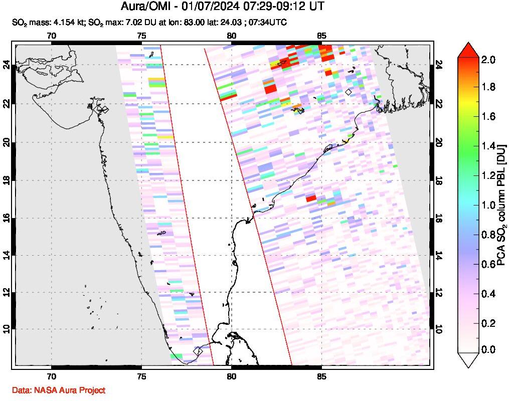 A sulfur dioxide image over India on Jan 07, 2024.