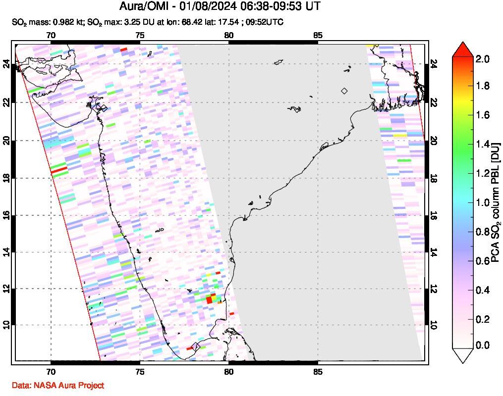 A sulfur dioxide image over India on Jan 08, 2024.