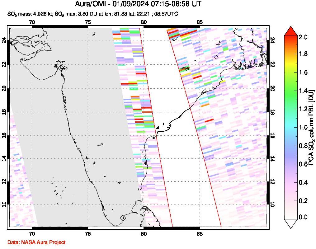 A sulfur dioxide image over India on Jan 09, 2024.