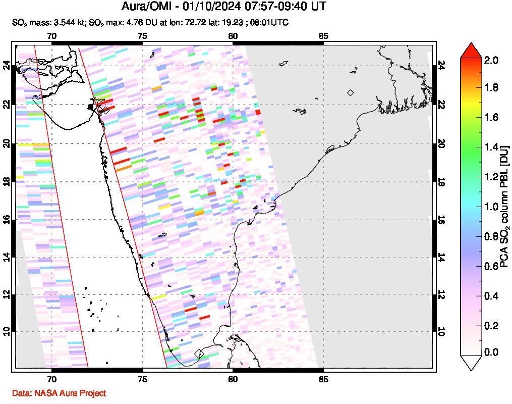 A sulfur dioxide image over India on Jan 10, 2024.