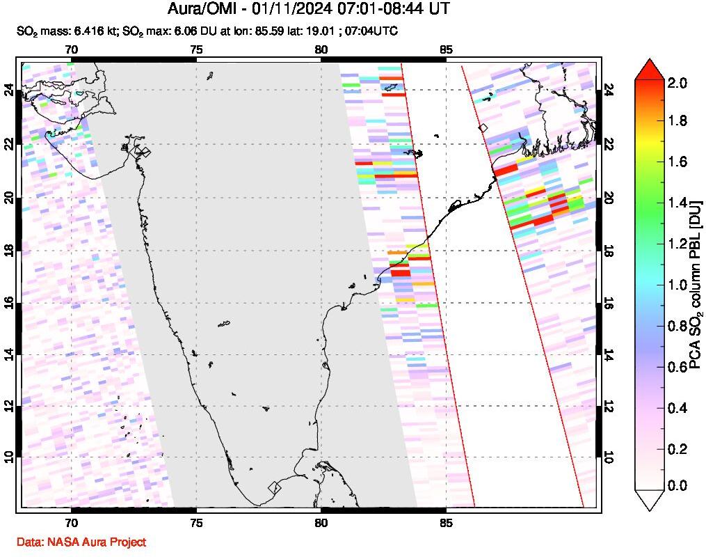 A sulfur dioxide image over India on Jan 11, 2024.