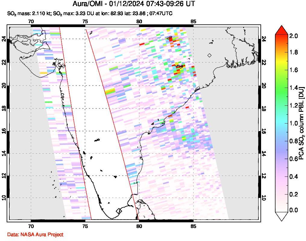 A sulfur dioxide image over India on Jan 12, 2024.