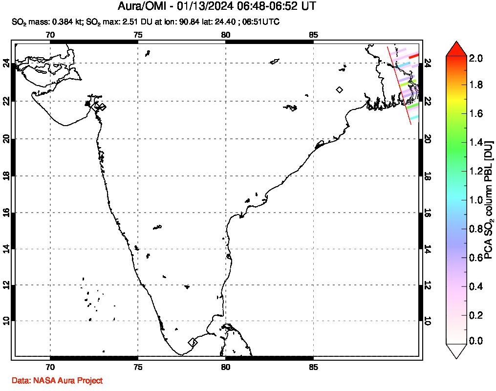 A sulfur dioxide image over India on Jan 13, 2024.