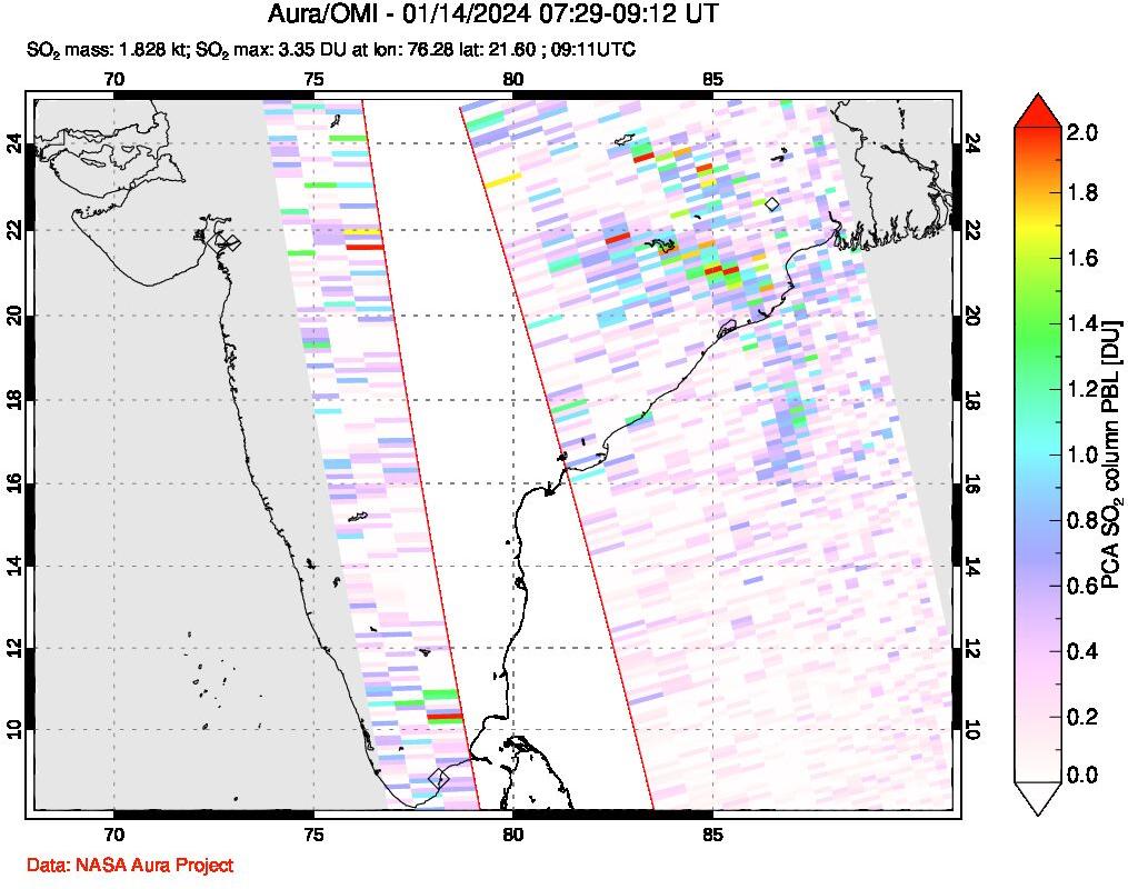 A sulfur dioxide image over India on Jan 14, 2024.