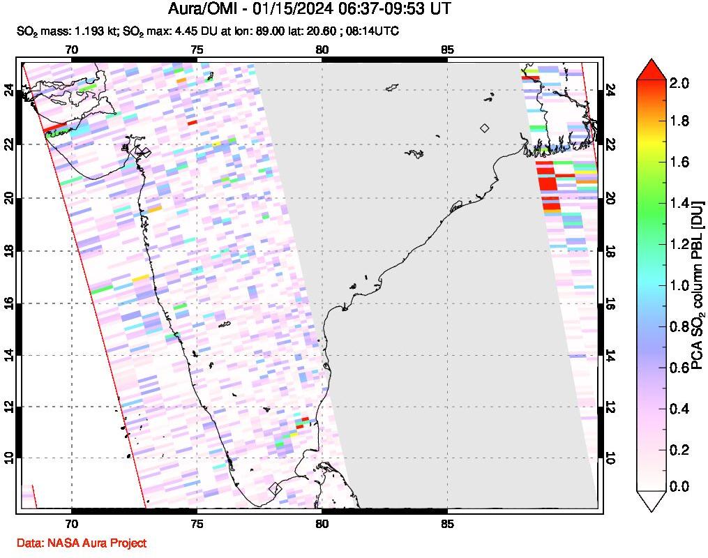 A sulfur dioxide image over India on Jan 15, 2024.