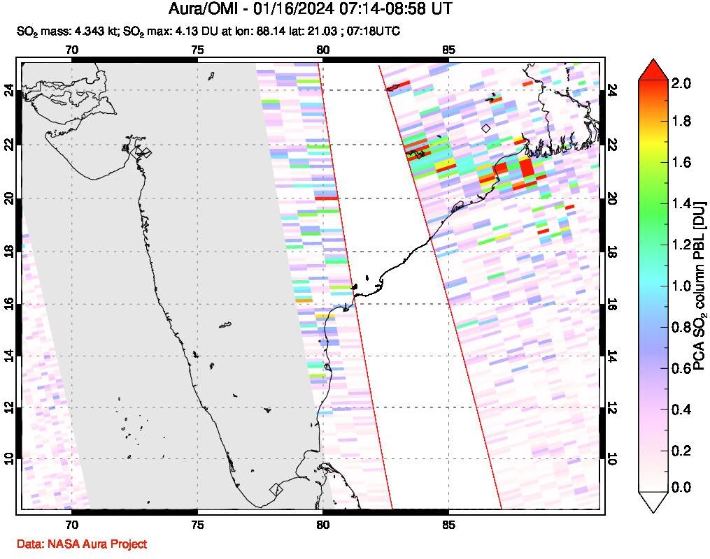 A sulfur dioxide image over India on Jan 16, 2024.