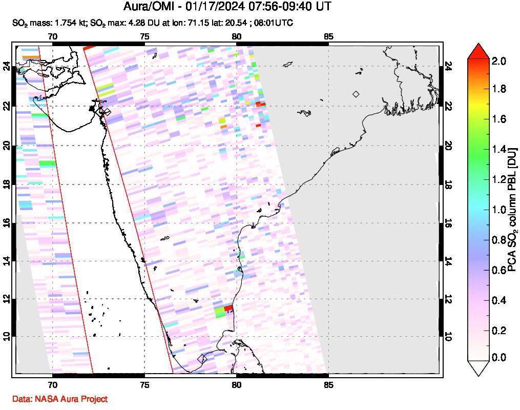 A sulfur dioxide image over India on Jan 17, 2024.