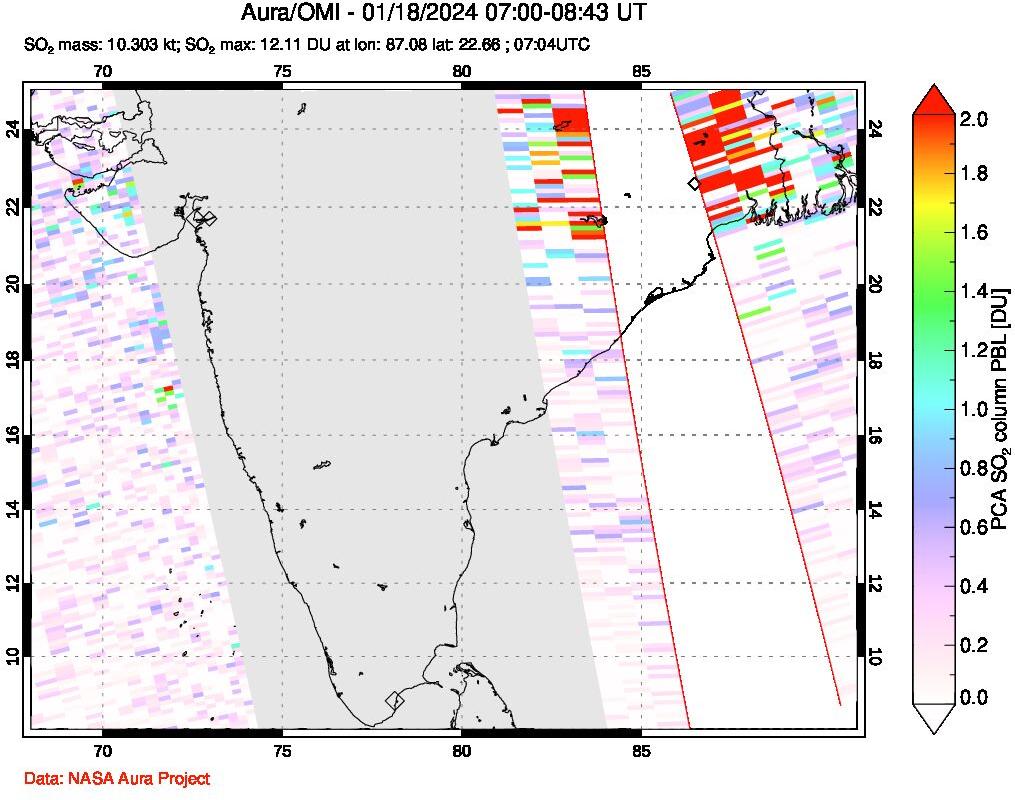 A sulfur dioxide image over India on Jan 18, 2024.