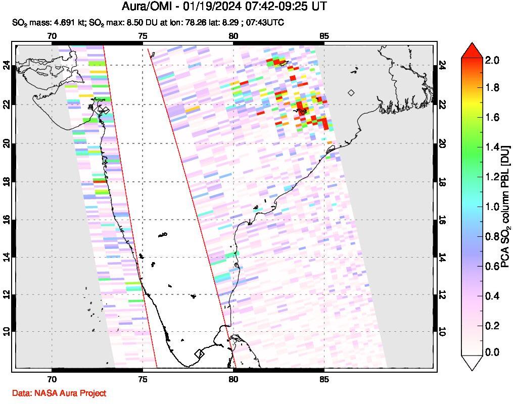 A sulfur dioxide image over India on Jan 19, 2024.