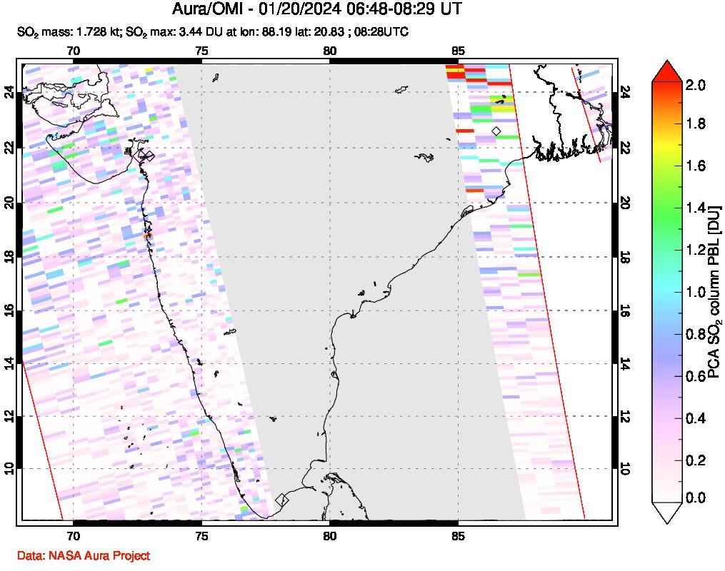 A sulfur dioxide image over India on Jan 20, 2024.