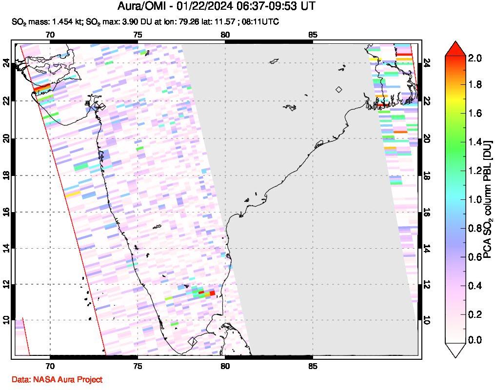 A sulfur dioxide image over India on Jan 22, 2024.