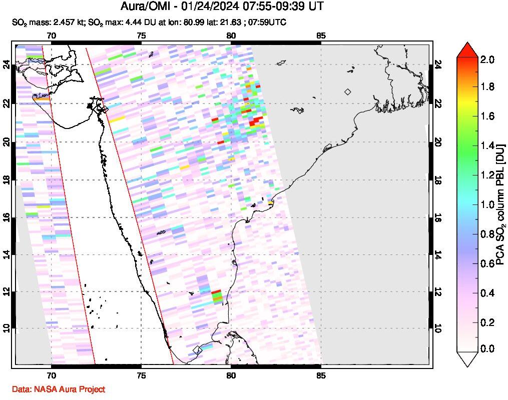 A sulfur dioxide image over India on Jan 24, 2024.