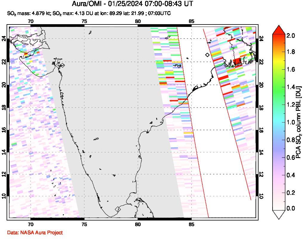 A sulfur dioxide image over India on Jan 25, 2024.