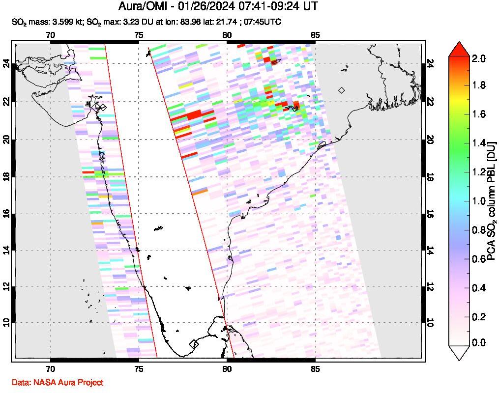 A sulfur dioxide image over India on Jan 26, 2024.