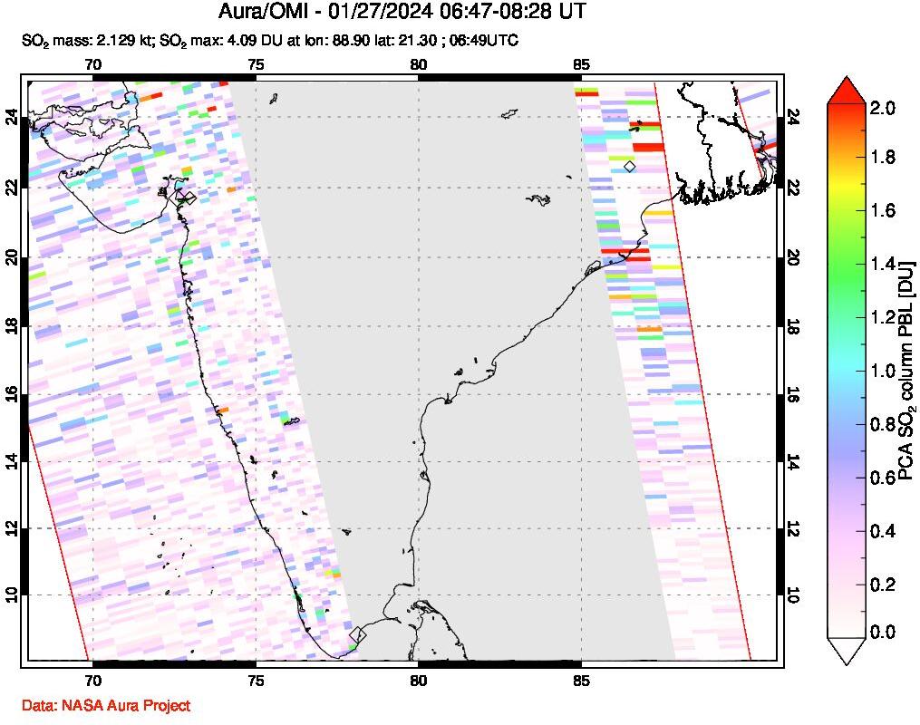 A sulfur dioxide image over India on Jan 27, 2024.