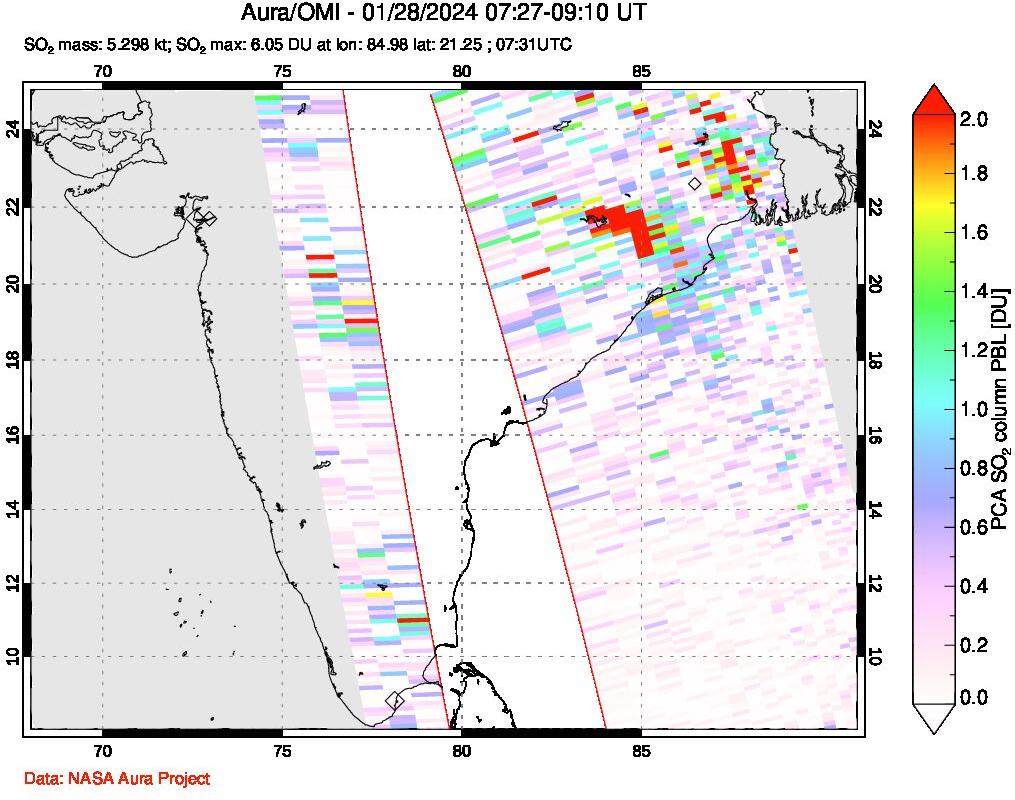 A sulfur dioxide image over India on Jan 28, 2024.