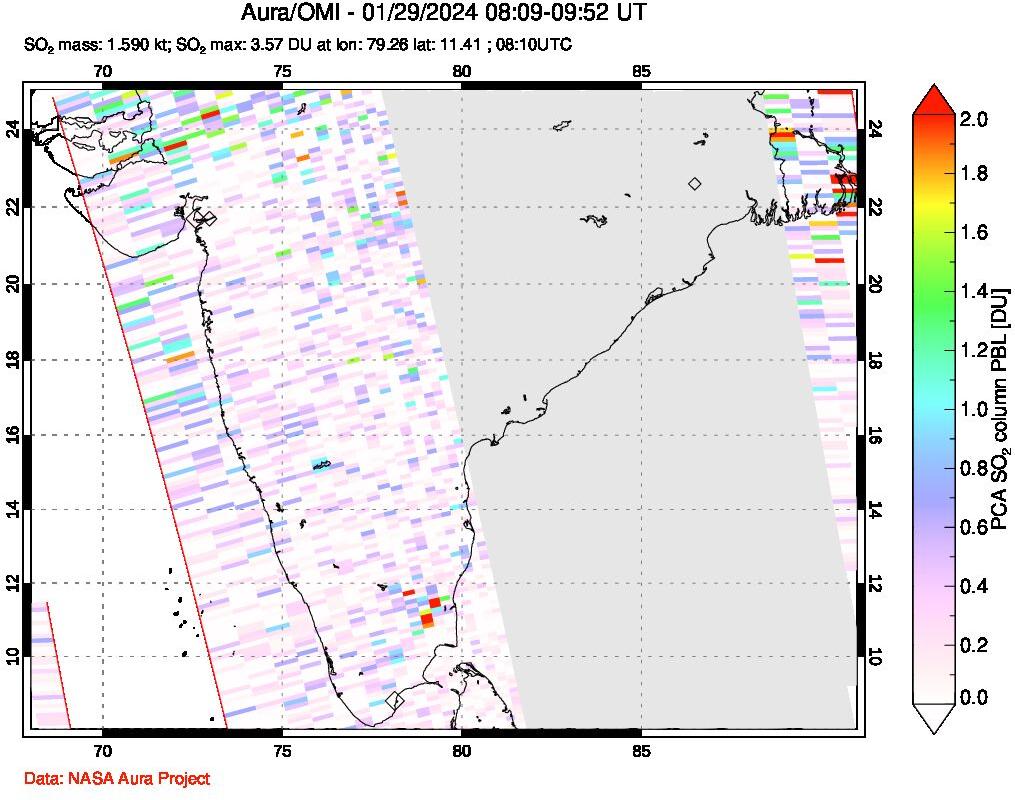 A sulfur dioxide image over India on Jan 29, 2024.