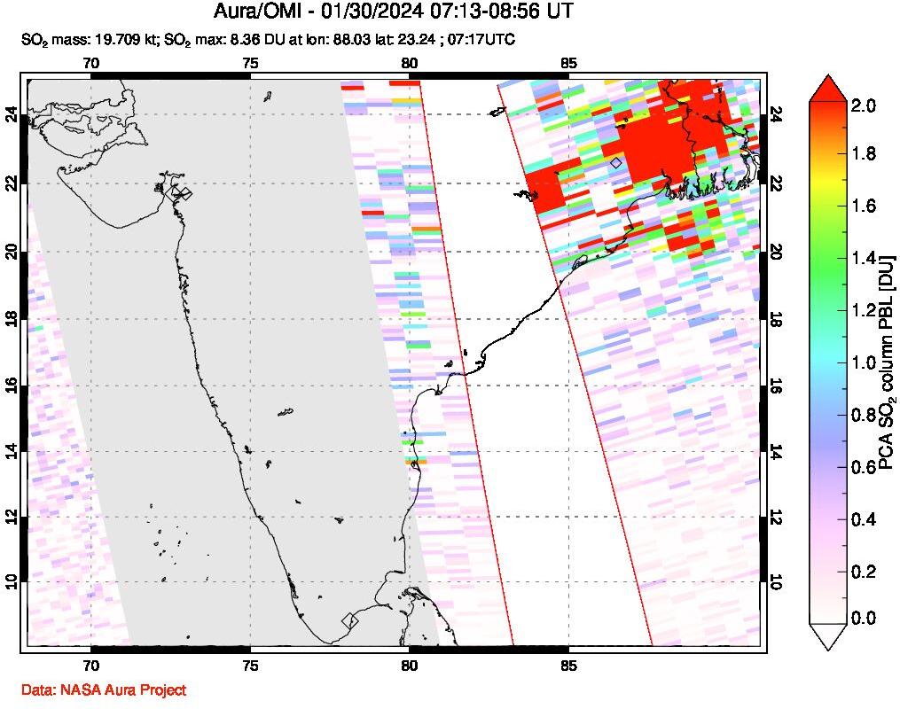 A sulfur dioxide image over India on Jan 30, 2024.