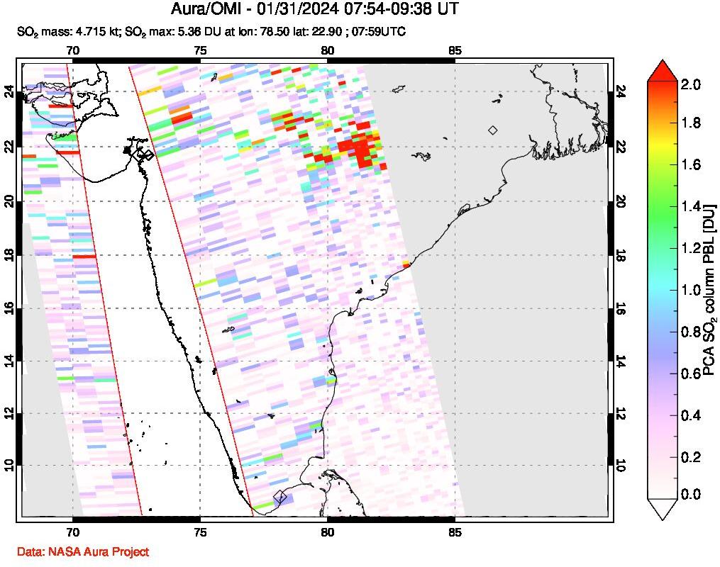 A sulfur dioxide image over India on Jan 31, 2024.