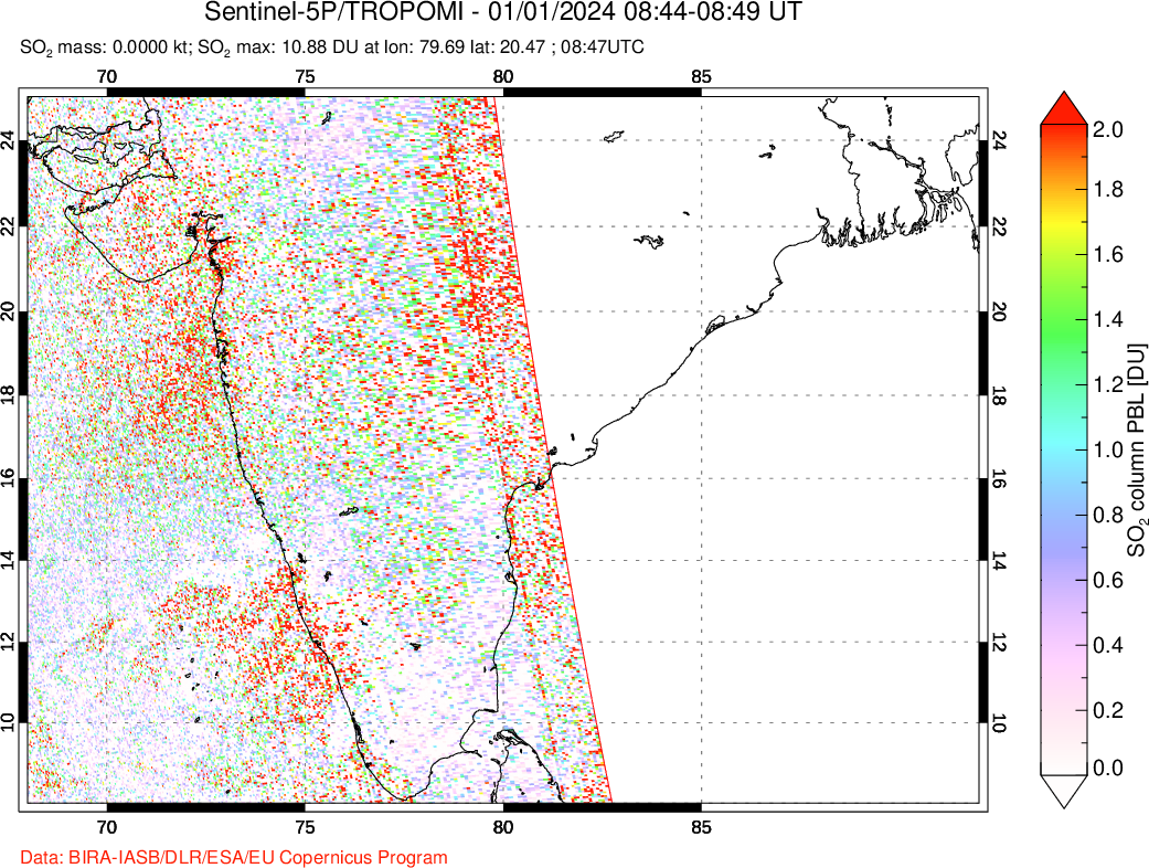 A sulfur dioxide image over India on Jan 01, 2024.