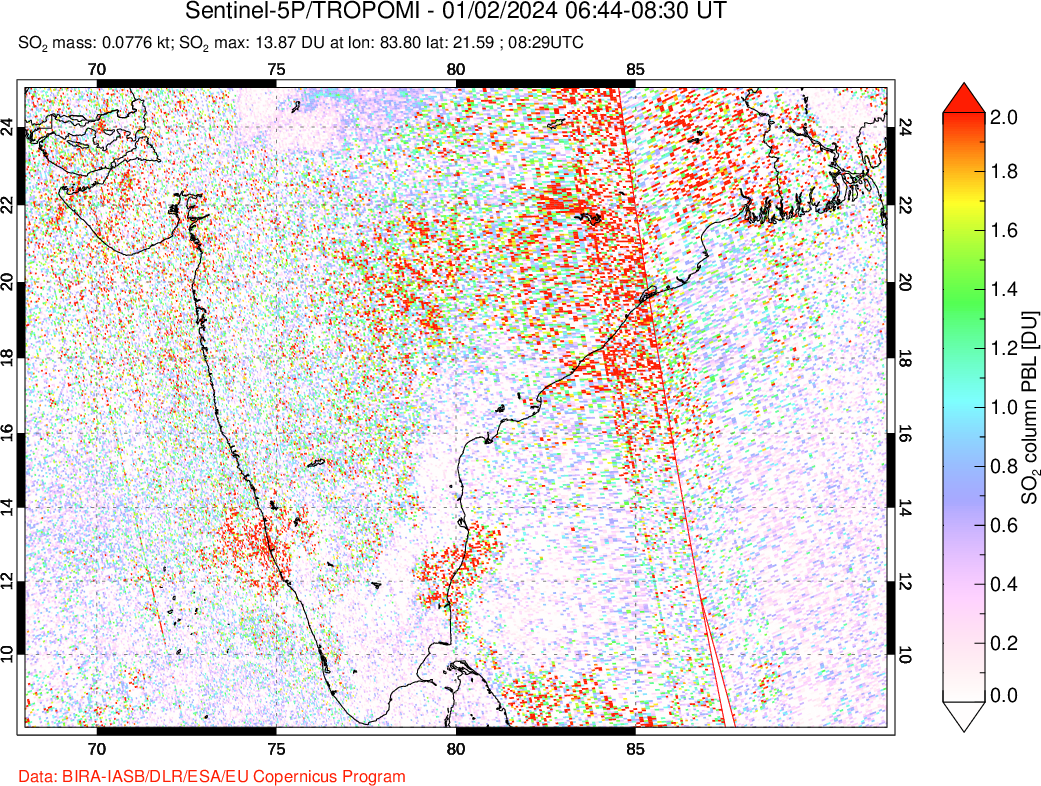 A sulfur dioxide image over India on Jan 02, 2024.