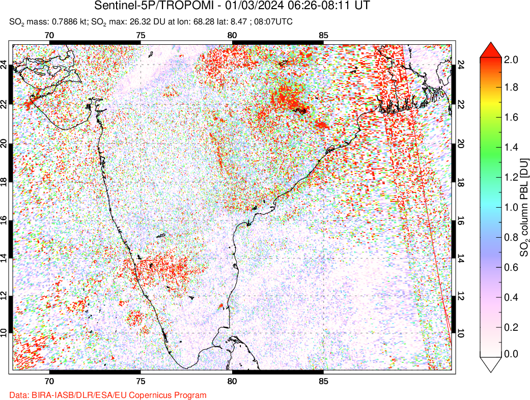 A sulfur dioxide image over India on Jan 03, 2024.