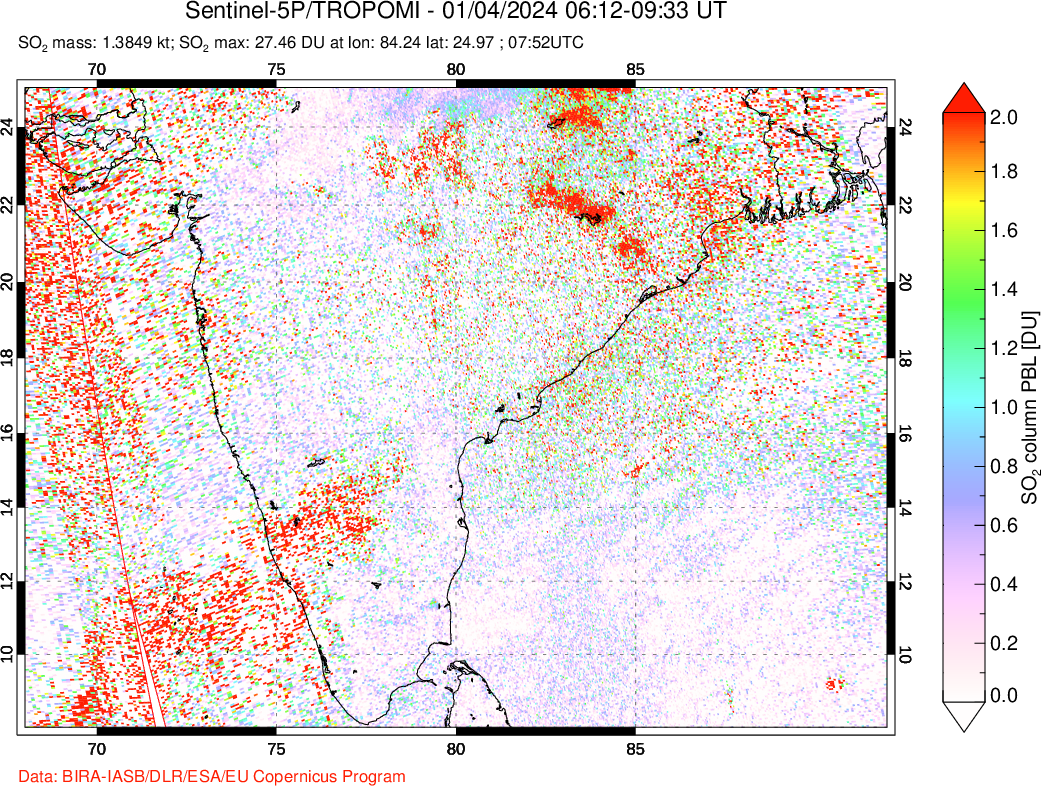 A sulfur dioxide image over India on Jan 04, 2024.