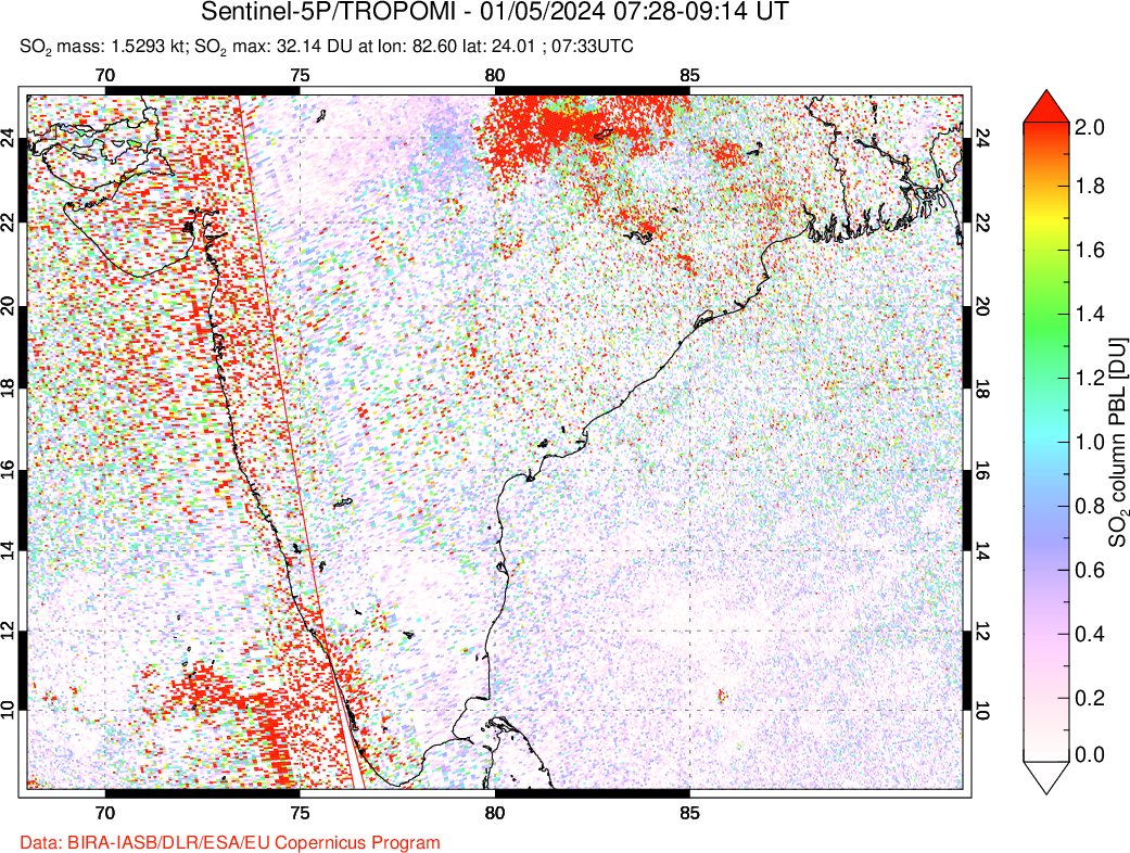 A sulfur dioxide image over India on Jan 05, 2024.